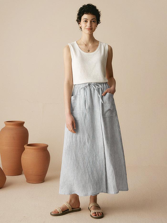 100% Striped Linen Long A-Line Skirt - BOTTOMS-Linen Skirts