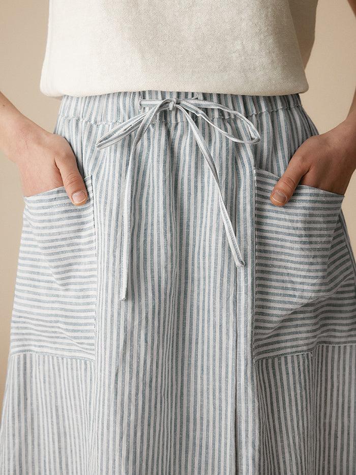 100% Striped Linen Long A-Line Skirt - BOTTOMS-Linen Skirts