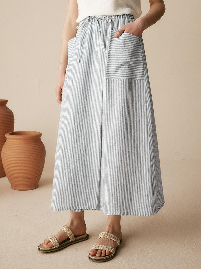 100% Striped Linen Long A-Line Skirt - BOTTOMS-Linen Skirts