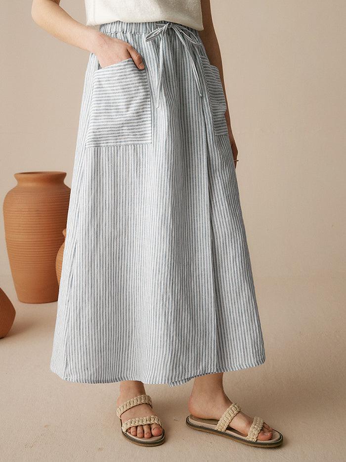 100% Striped Linen Long A-Line Skirt - BOTTOMS-Linen Skirts