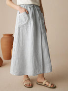 100% Striped Linen Long A-Line Skirt - BOTTOMS-Linen Skirts
