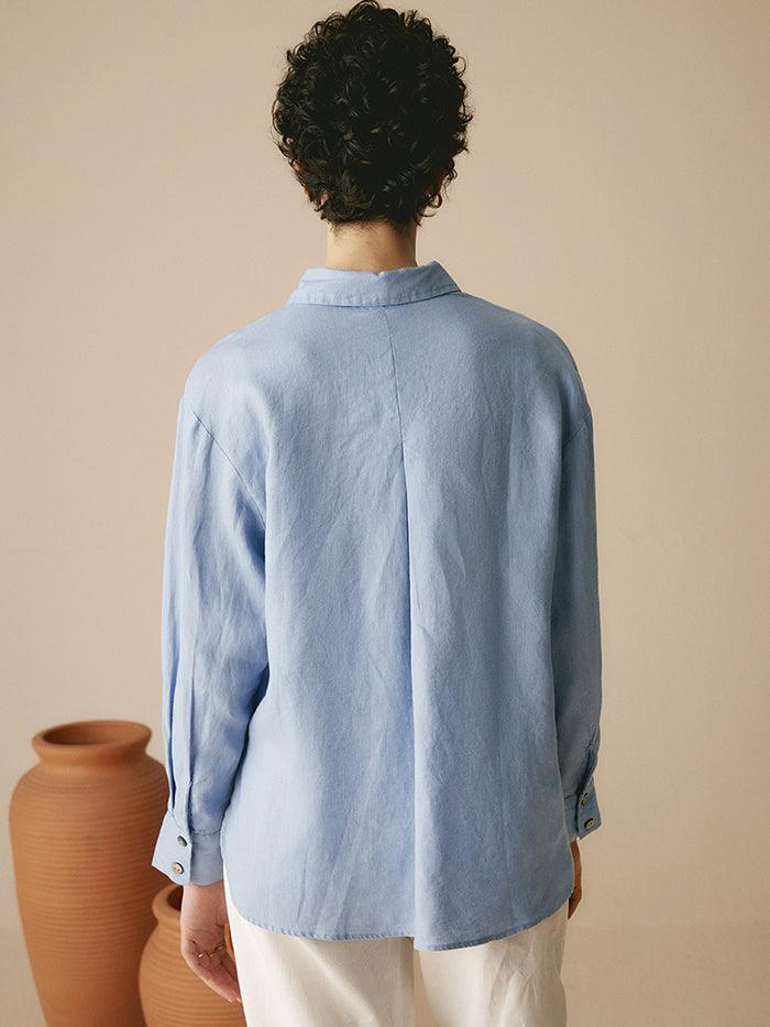 100% Linen Classic Leisure Shirt Azure - TOPS-Linen Button Down Shirts