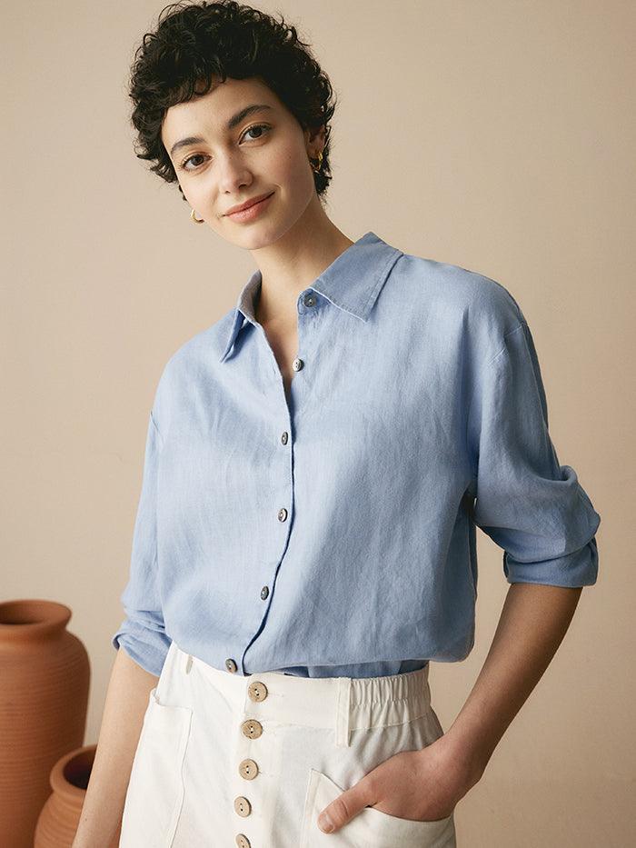 100% Linen Classic Leisure Shirt Azure - TOPS-Linen Button Down Shirts