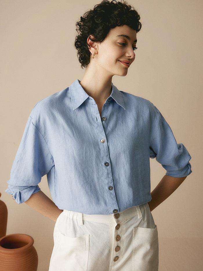 100% Linen Classic Leisure Shirt Azure - Periwinkle / XS - TOPS-Linen Button Down Shirts