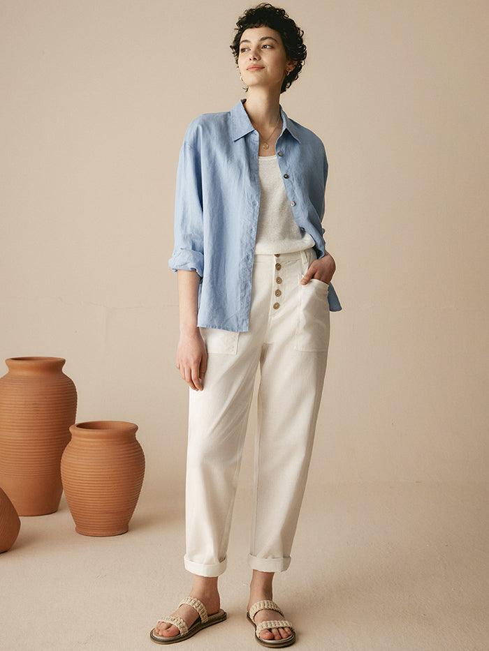 Linen Simple Button Fly Trousers HEIDI - BOTTOMS-Linen Pants