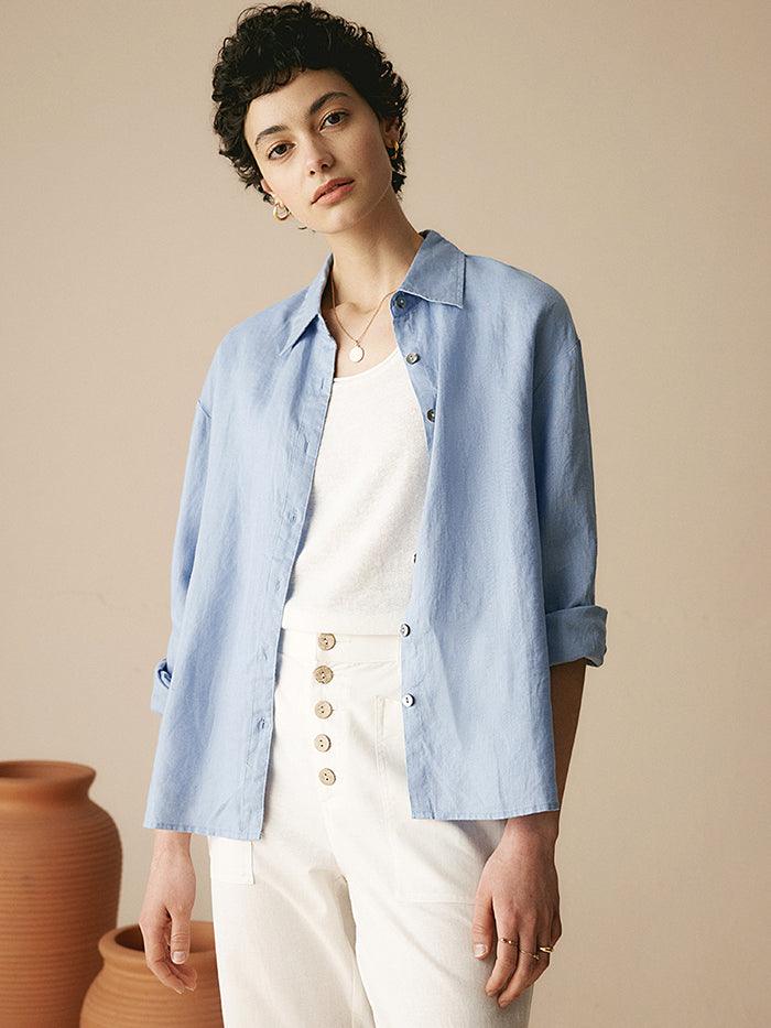 100% Linen Classic Leisure Shirt Azure - TOPS-Linen Button Down Shirts