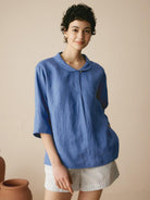JADE 100% Linen Shawl V-Neck Half Sleeve Top - TOPS-Linen Blouses