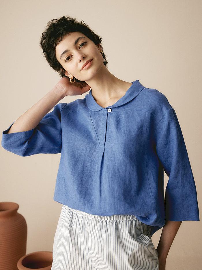 100% Linen Stripe Shawl V-Neck Half Sleeve Top - TOPS-Linen Blouses