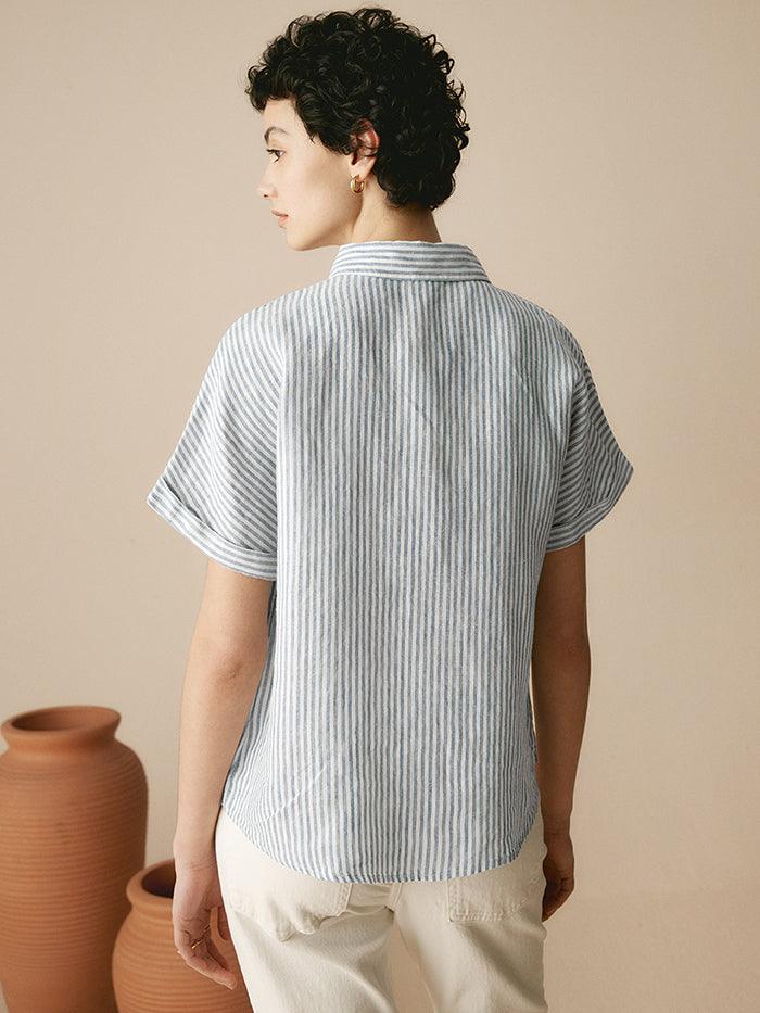 100% Linen Striped Classic Button-Front Shirt - TOPS-Linen Button Down Shirts
