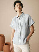 100% Linen Striped Classic Button-Front Shirt - TOPS-Linen Button Down Shirts