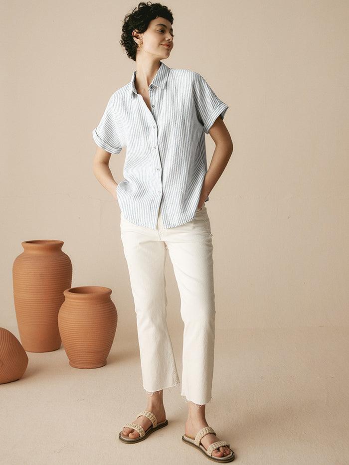 100% Linen Striped Classic Button-Front Shirt - TOPS-Linen Button Down Shirts