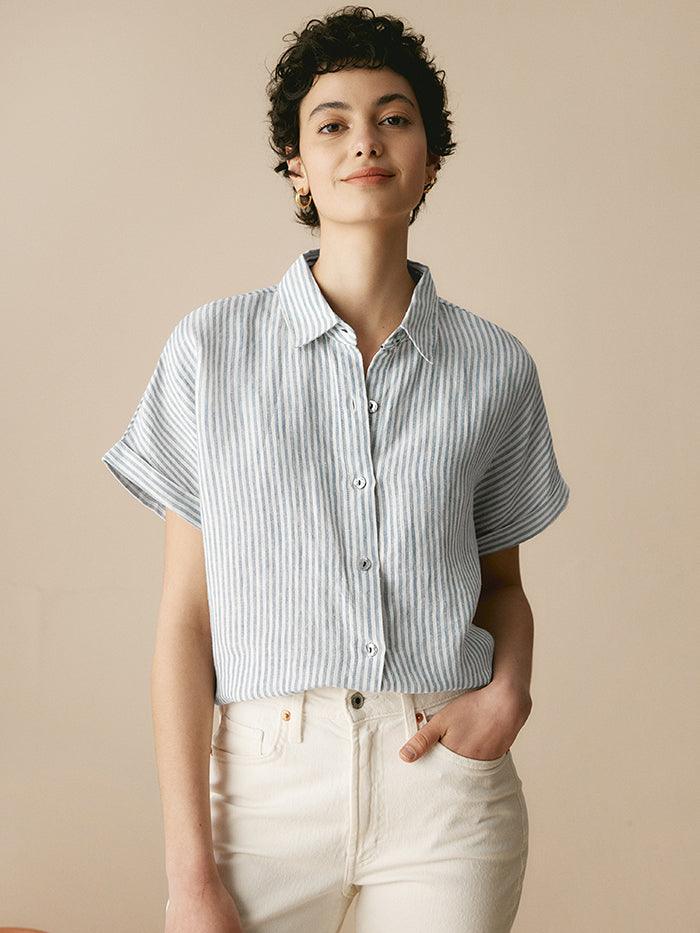 100% Linen Striped Classic Button-Front Shirt - Blue Stripe / S - TOPS-Linen Button Down Shirts