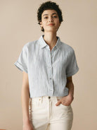 100% Linen Striped Classic Button-Front Shirt - Blue Stripe / S - TOPS-Linen Button Down Shirts