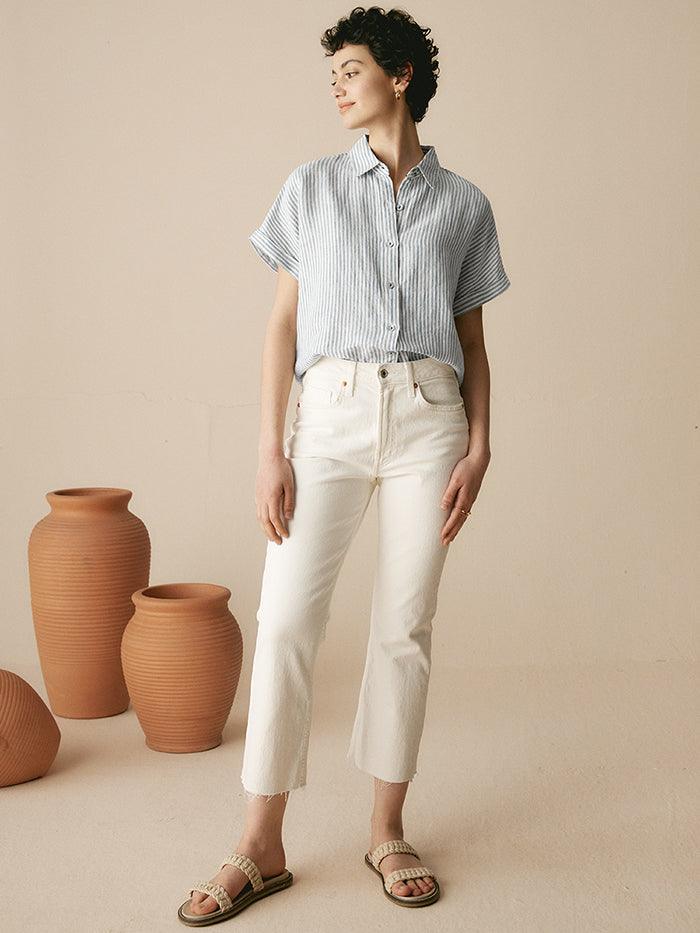 100% Linen Striped Classic Button-Front Shirt - TOPS-Linen Button Down Shirts