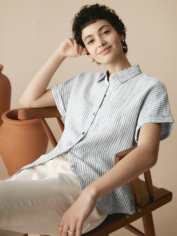 100% Linen Striped Classic Button-Front Shirt - TOPS-Linen Button Down Shirts
