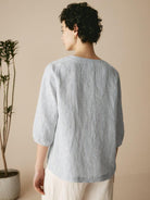 100% Linen Striped Puff Sleeves Top - TOPS-Linen Blouses