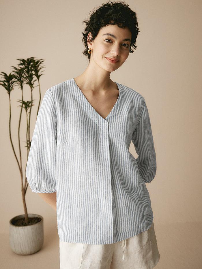 100% Linen Striped Puff Sleeves Top - TOPS-Linen Blouses