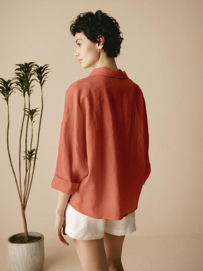 Linen Oversized Fit Pocket Shirt ELOWEN - TOPS-Linen Blouses