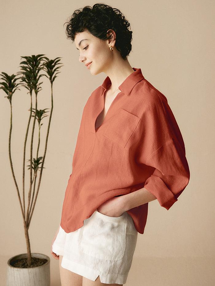 Linen Oversized Fit Pocket Shirt ELOWEN - TOPS-Linen Blouses