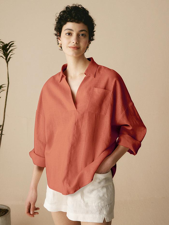 Linen Oversized Fit Pocket Shirt ELOWEN - Terracotta / XS - TOPS-Linen Blouses