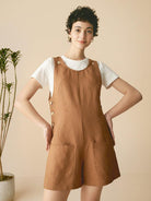 100% Linen U-Neck Short Jumpsuit - Cinnamon Brown / S - sets & jumpsuits