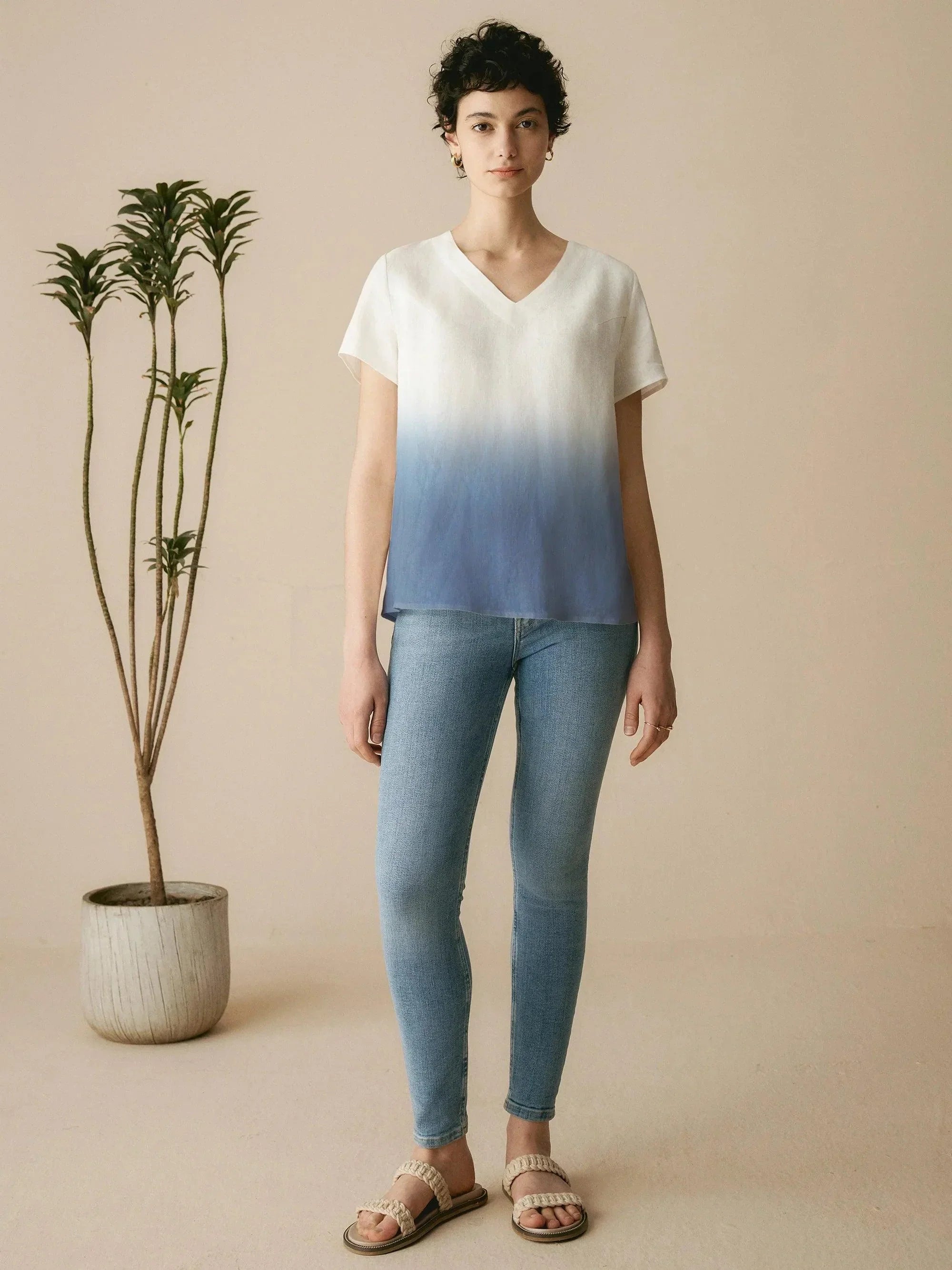 100% Linen Easy Popover V-Neck Boxy Top - TOPS-Linen Blouses