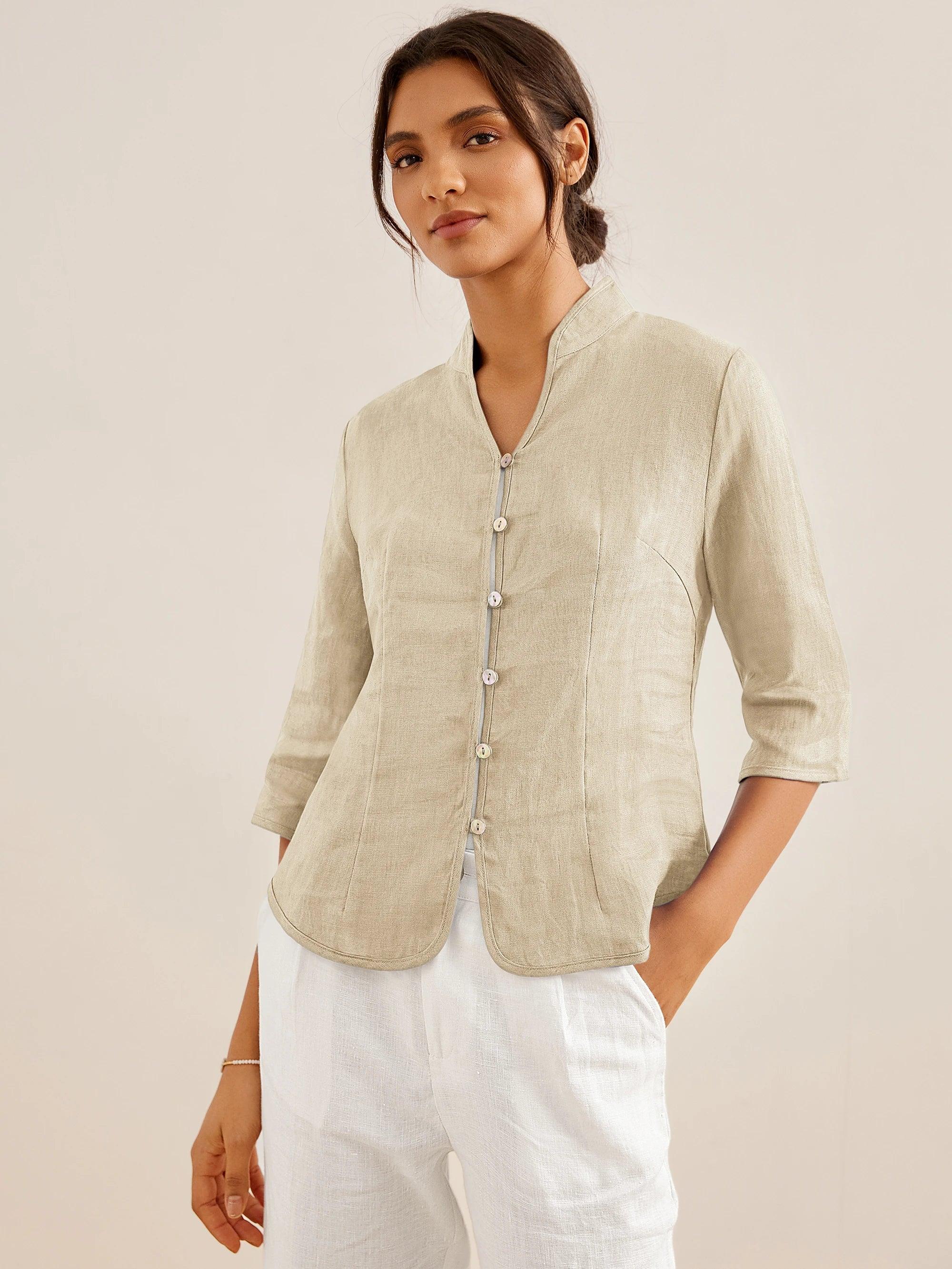 100% Linen Hand Button Fitted Jacket AMELIA - TOPS-Linen Jackets