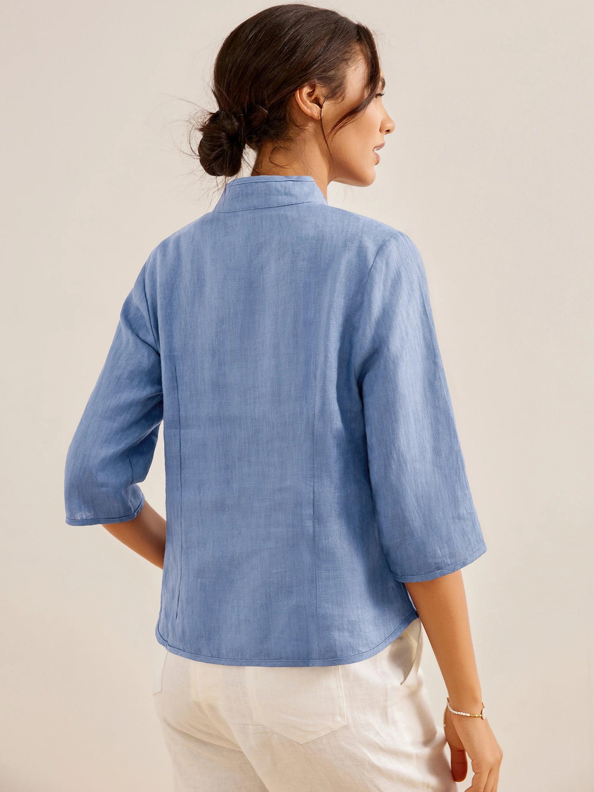 100% Linen Hand Button Fitted Jacket AMELIA - TOPS-Linen Jackets