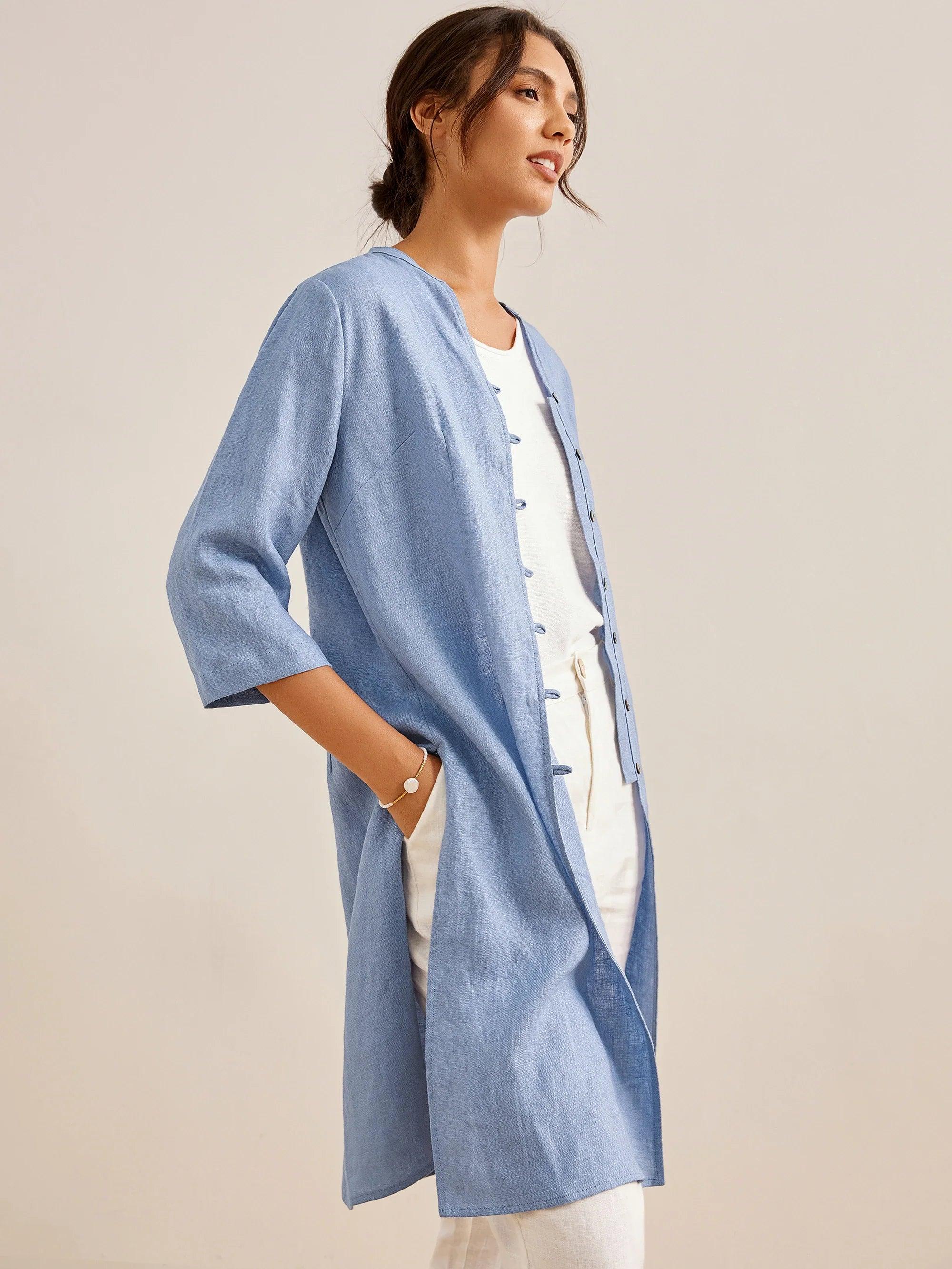 100% Linen Hand Button Long Top DILLON - TOPS-Linen Down Shirts