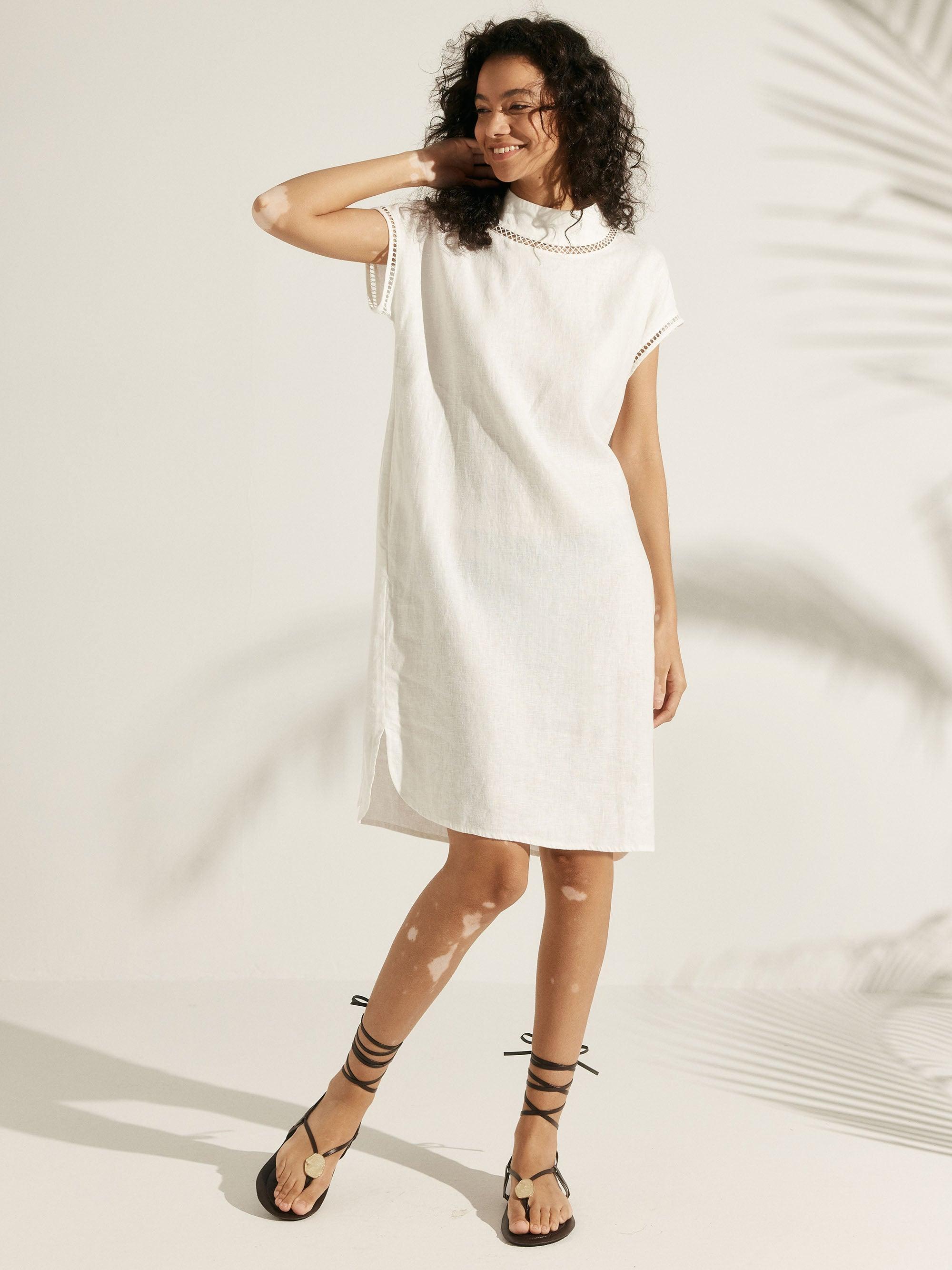 100% Linen Cutout Turtleneck Minidress - DRESSES-Linen Midi