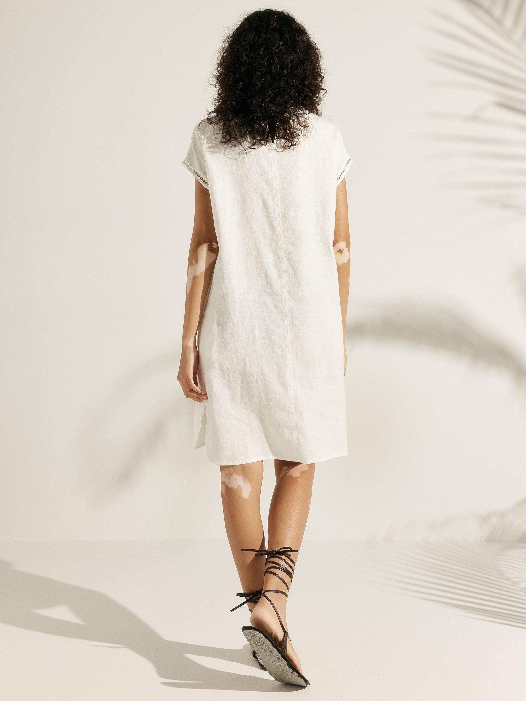 100% Linen Cutout Turtleneck Minidress - DRESSES-Linen Midi