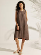 100% Linen Lightweight Sleeveless Dress SIENNA - Espresso / S - DRESSES-Linen Midi