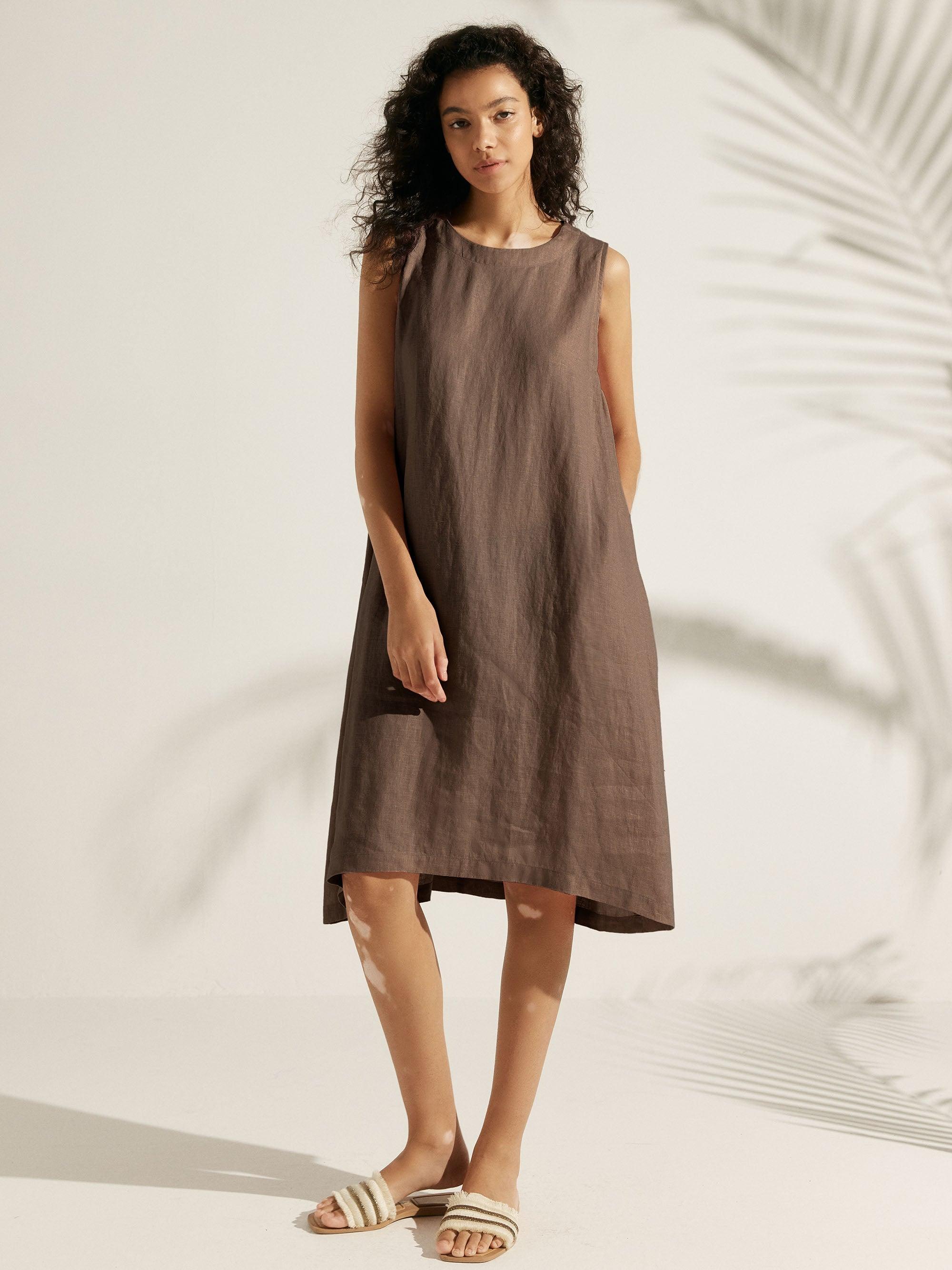 100% Linen Lightweight Sleeveless Dress SIENNA - Espresso / S - DRESSES-Linen Midi