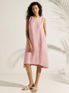 100% Linen Lightweight Sleeveless Dress SIENNA - Pastel Pink / S - DRESSES-Linen Midi