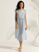JOAN 100% Linen Cap Sleeve Washed Maxi Dress - Small Ice Blue Strip / XS - DRESSES-Linen
