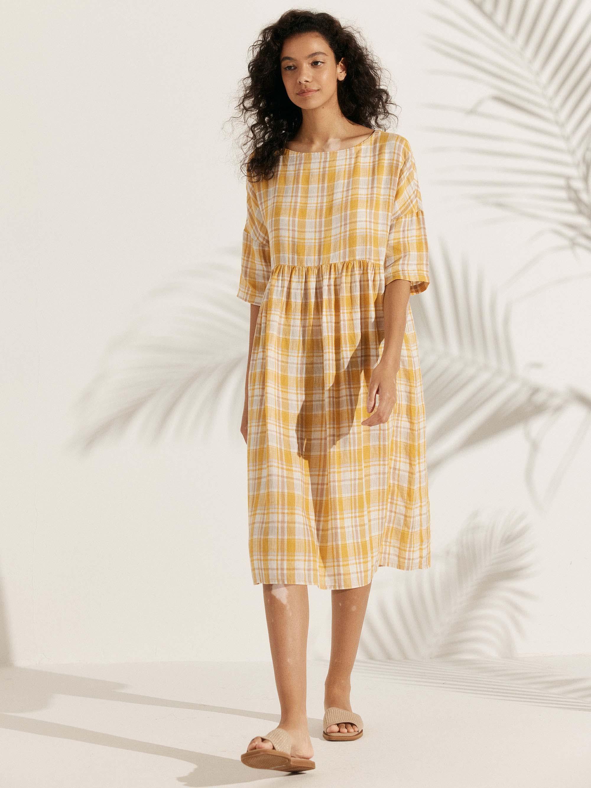 100% Linen A-Line Midi Dress VALENCIA - DRESSES-Linen