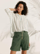 100% Linen Stripe Shawl V-Neck Half Sleeve Top - TOPS-Linen Blouses
