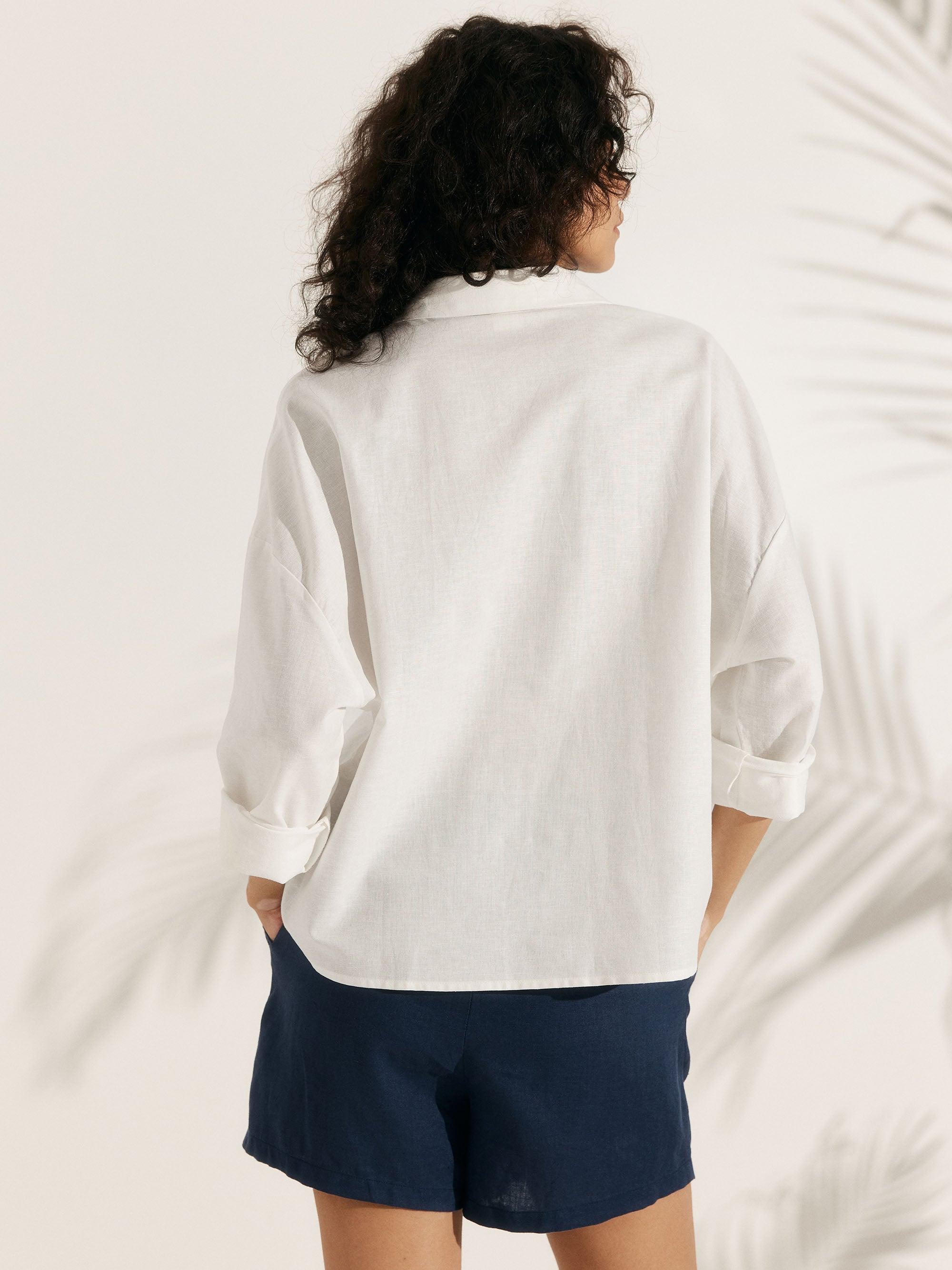 Linen Oversized Fit Pocket Shirt ELOWEN - TOPS-Linen Blouses