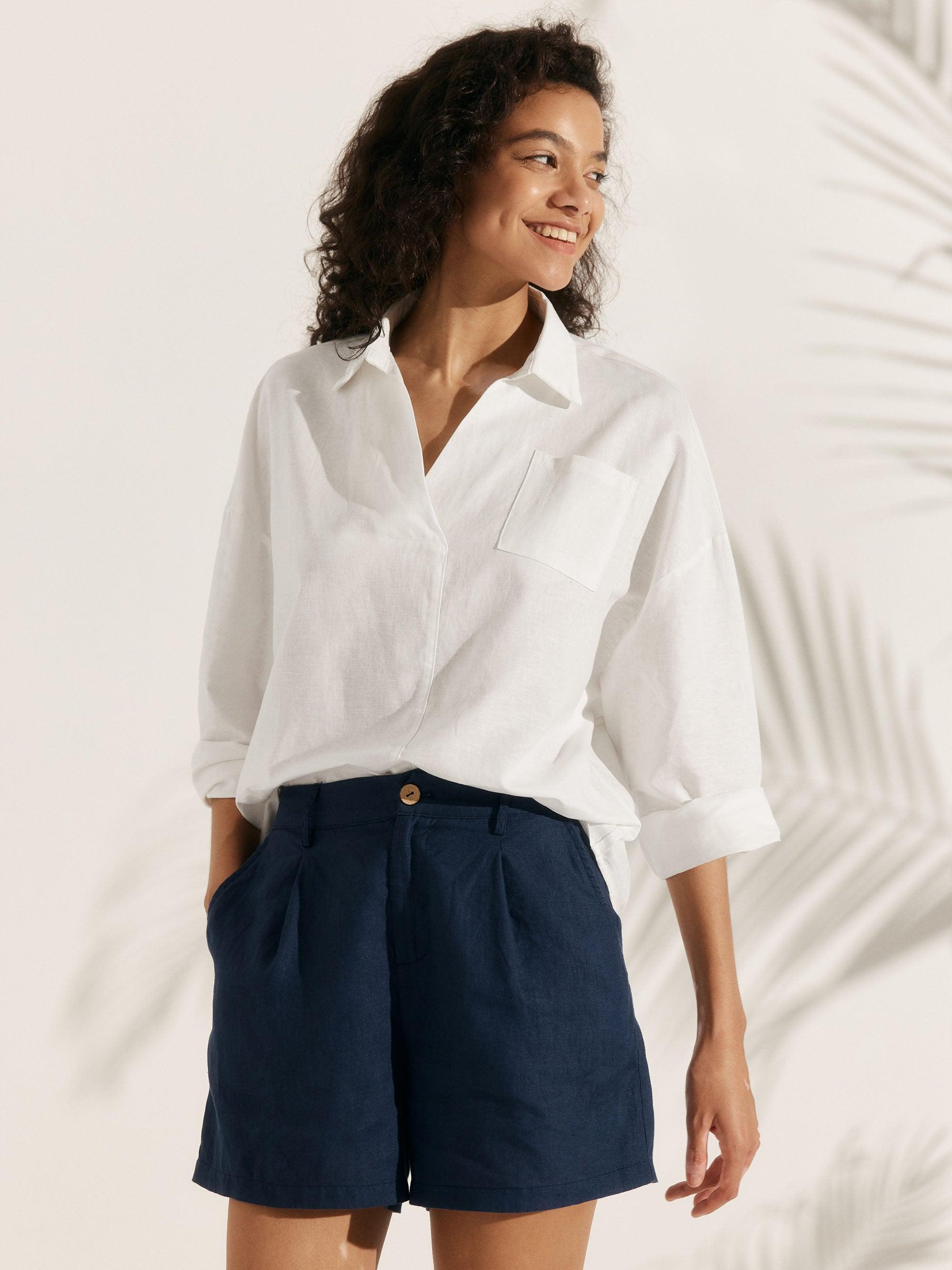 Linen Oversized Fit Pocket Shirt ELOWEN - Optic White / XS - TOPS-Linen Blouses