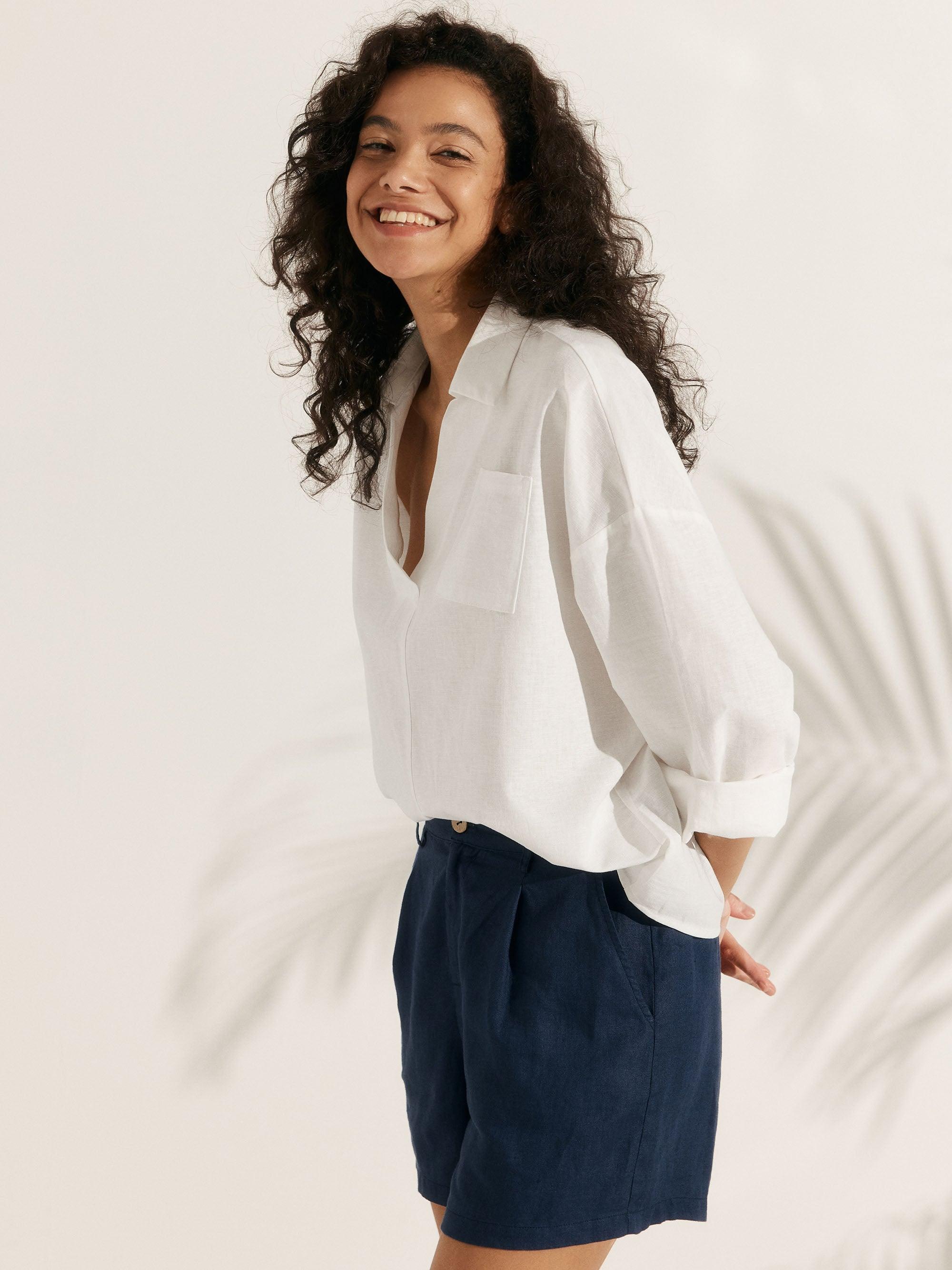 Linen Oversized Fit Pocket Shirt ELOWEN - TOPS-Linen Blouses