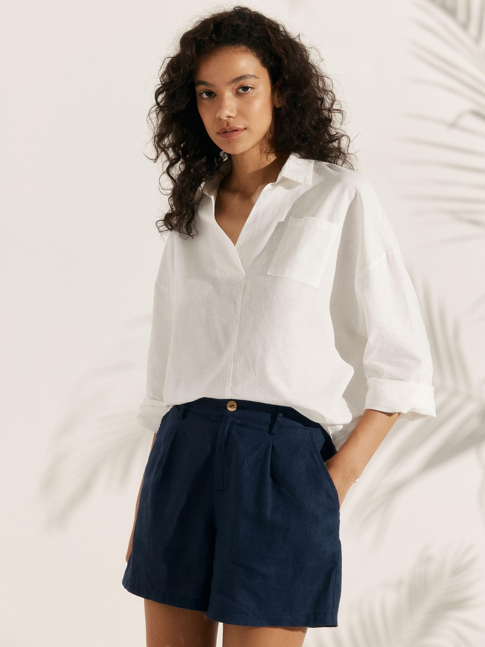 Linen Oversized Fit Pocket Shirt ELOWEN - TOPS-Linen Blouses