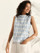 100% Linen Draped Collar Tank Top JACQUELINE - Sky Breeze / S - TOPS-Linen Tanks