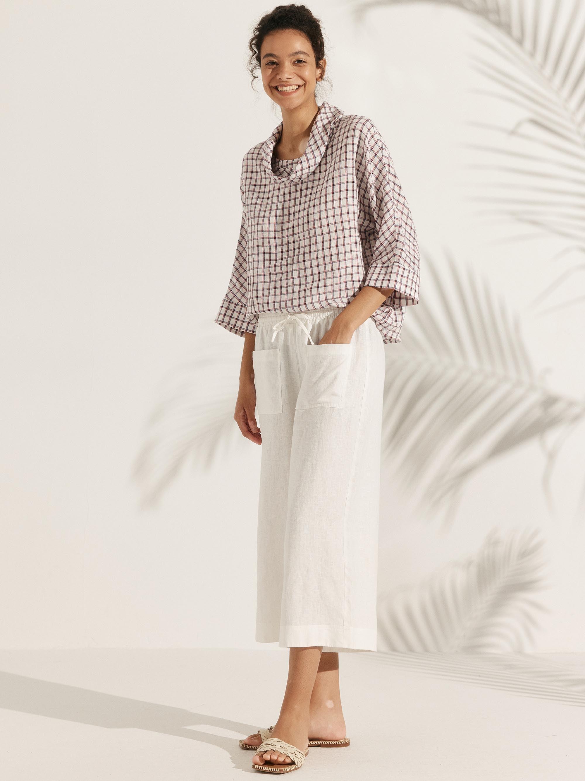 100% Linen Dropped Collar Long-Sleeve Top TRISTAN - TOPS-Linen Blouses