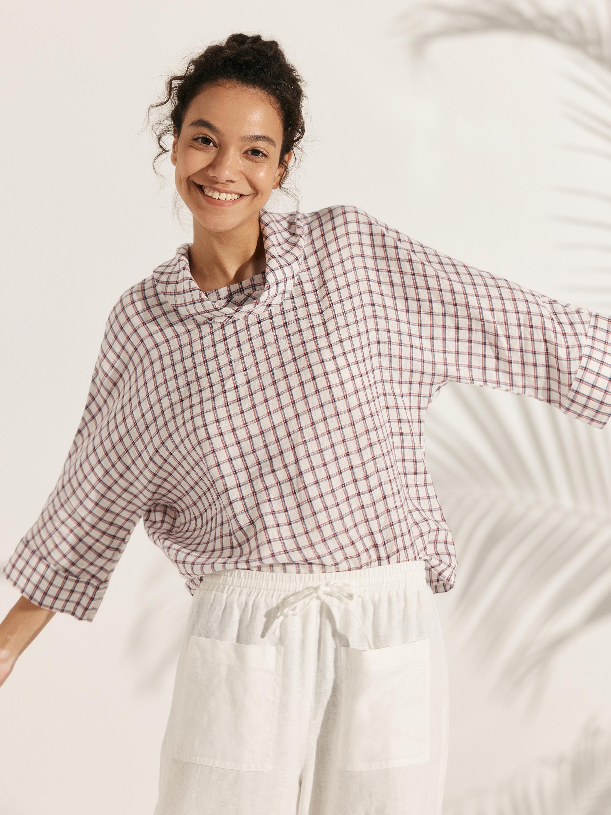 100% Linen Dropped Collar Long-Sleeve Top TRISTAN - TOPS-Linen Blouses