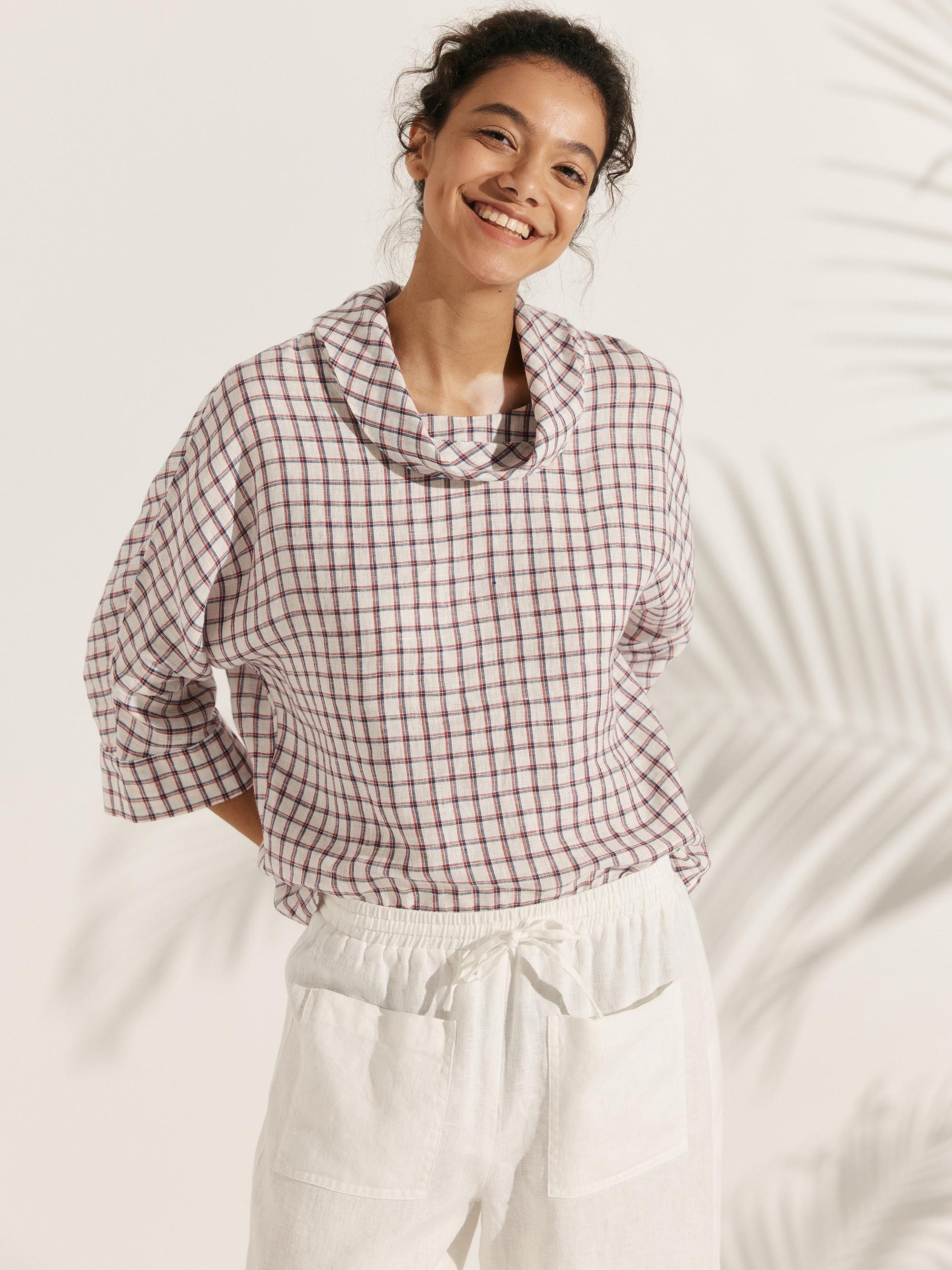 100% Linen Dropped Collar Long-Sleeve Top TRISTAN - Highland Plaid / S - TOPS-Linen Blouses