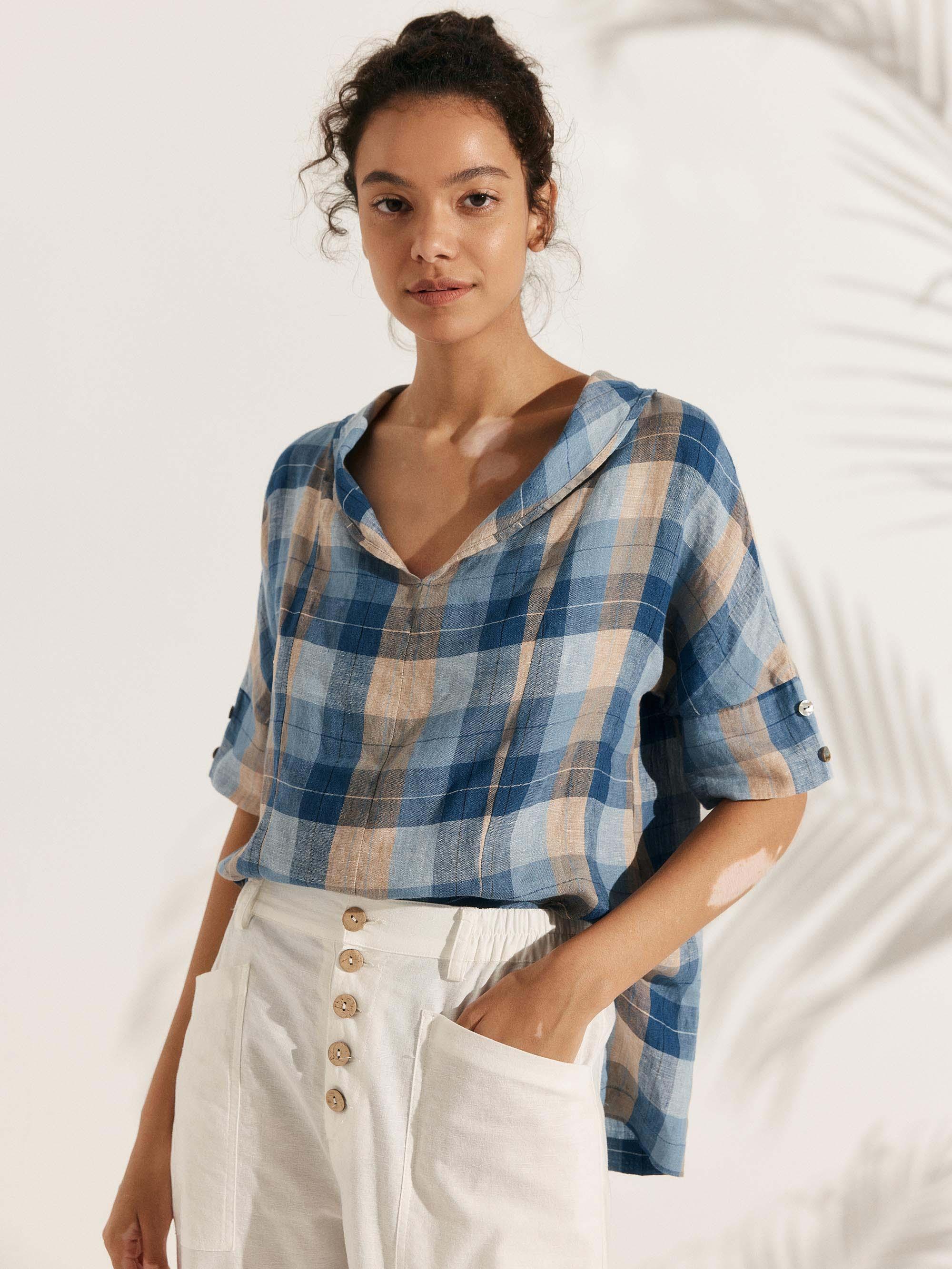 100% Linen V-Neck Short Sleeve Shirt SIERRA - Ocean Sunset Plaid / XS - TOPS-Linen Blouses