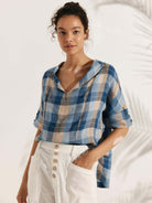 100% Linen V-Neck Short Sleeve Shirt SIERRA - Ocean Sunset Plaid / XS - TOPS-Linen Blouses