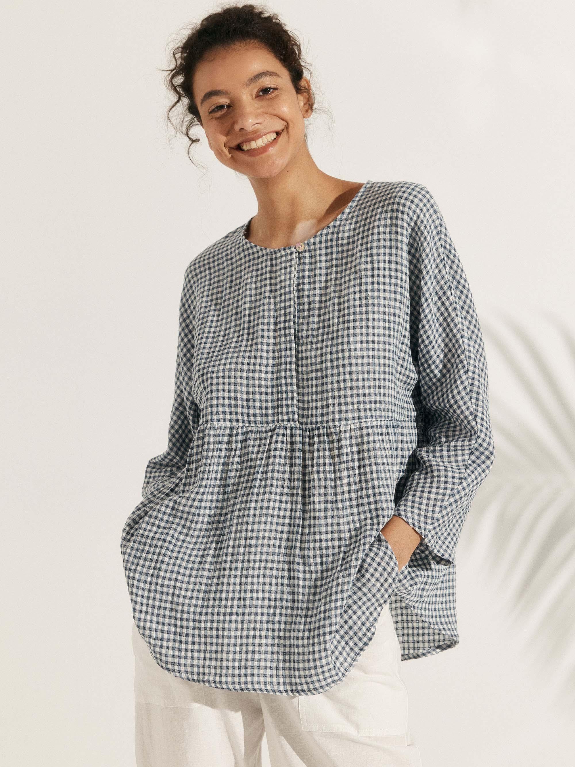 Linen Checked Long-Sleeved Top - Ocean Cream / S - TOPS-Linen Blouses