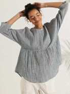Linen Checked Long-Sleeved Top - TOPS-Linen Blouses