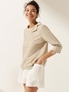 Linen Gingham Checked Round Soft-Fold Collar Top - TOPS-Linen Blouses